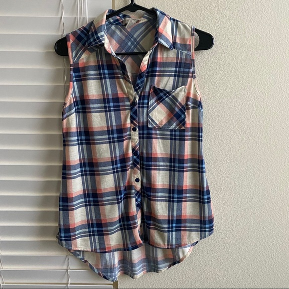Tops - Plaid Button Down Tank Blue/Pink/white Small
